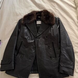 RARE CNC Costume National Black Leather Jacket with removable Brown Fur Collar